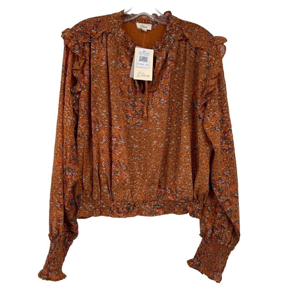 New Elan Metallic Floral Print Ruffle Blouse Rust Copper Women's Large Boho